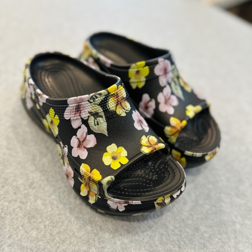 Balenciaga Black Sandals with Pink and Yellow Floral Design